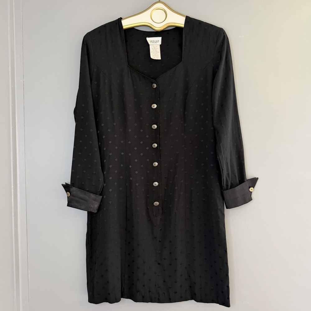Vtg Carriage Court Black Polka Dot Button Front Mini Dress 12 Chic Dark Academia